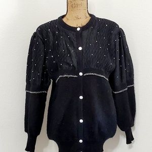 STARR black multi textured long sleeve sweater silver studs novelty Med.